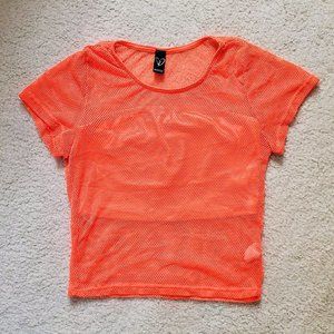Two Piece Crop and Mesh Top, Neon Orange, Medium